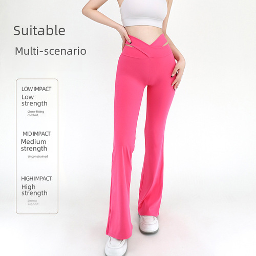 Women's 2024 New Yoga Bell Bottom Pants High-Waisted Slimming Hip-Lifting Cross-Back Pockets Athletic Fitness Wide Leg Pants