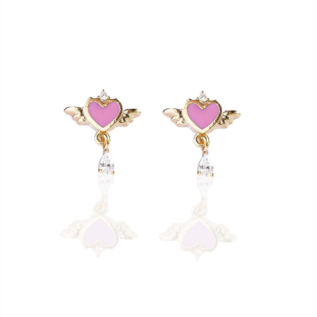 Pink Oil Drop Heart Stud Earrings 18K Gold Non-Fading Earring Heart-Shaped Ear stud