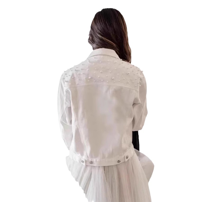 Women's Denim Jacket With Pearl Embellishments, Short Length, Plus Size, Stylish And Comfortable For Casual Wear - Black, White, Sky Blue_voghion.com