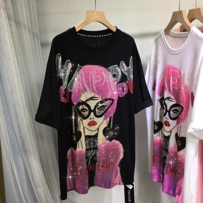 Gran tamaño de ropa de mujer 2 - 300 kg grasa mm estilo coreano de ropa de mujer tendencia europea gran tamaño de industria pesada impresión de diámetro caliente letras camiseta de manga corta