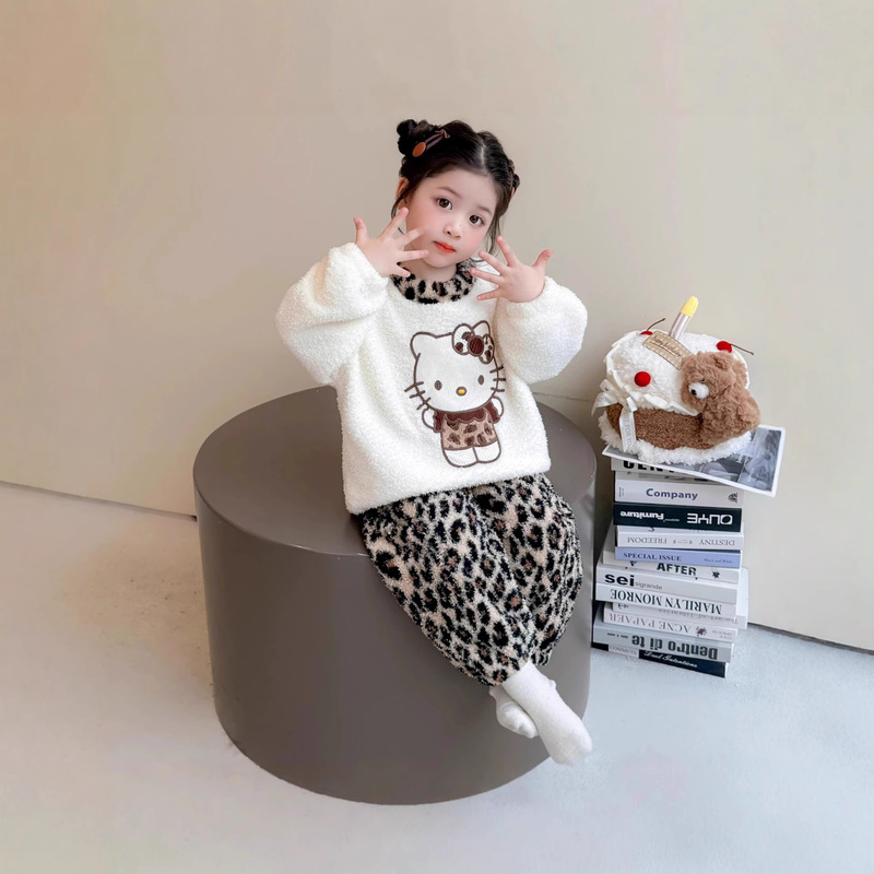 Korean Children's Clothing Children's Pajama Set 2026 New Cartoon Stylish Lychee Velvet Warm Spring Autumn Winter Pajama Set