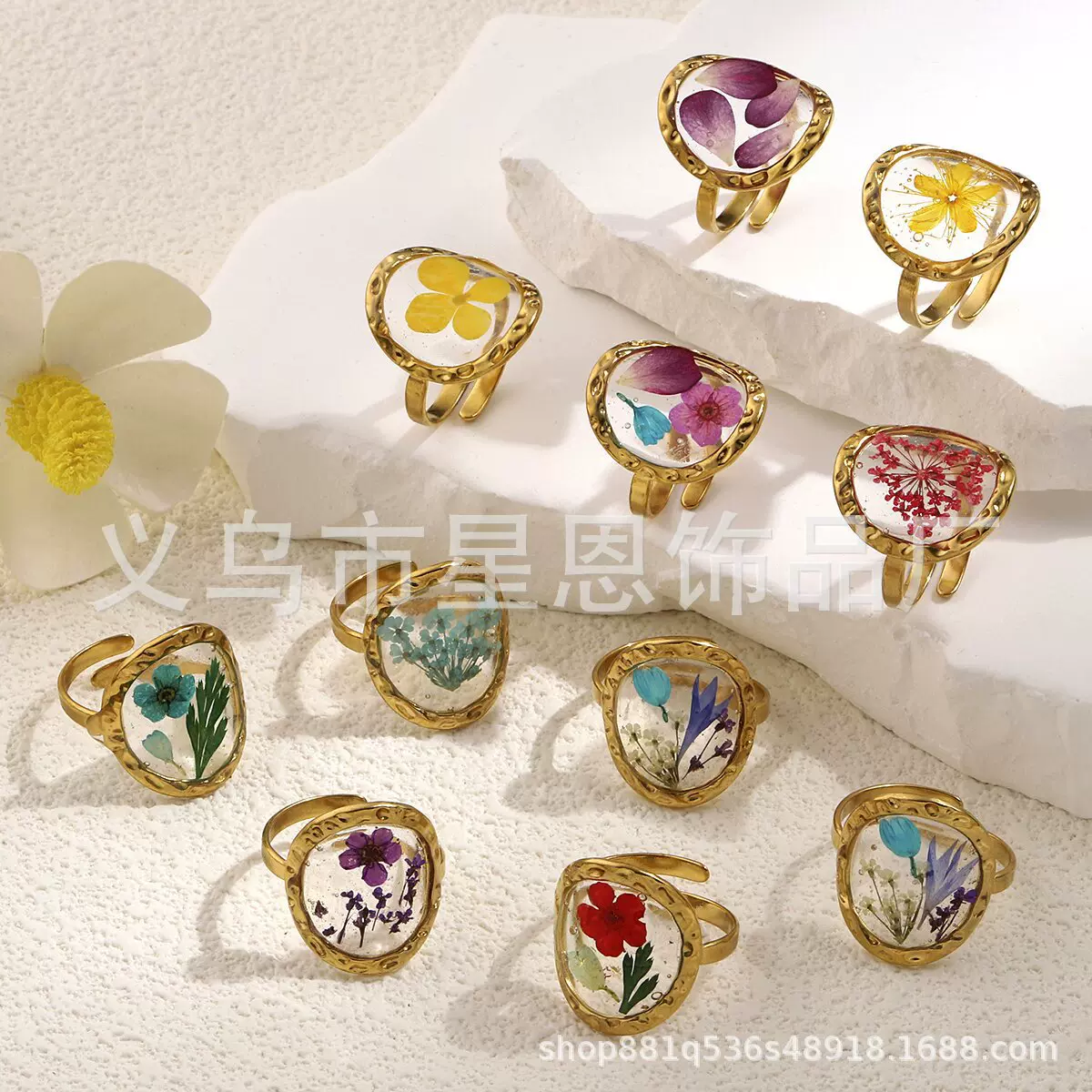 欧美新款潮流饰品永生花系列不锈钢戒指不掉色小众设计开口 戒指