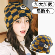 多巴胺撞色格子毛线帽女秋冬韩版大头围冷帽护耳保暖显脸小针织帽