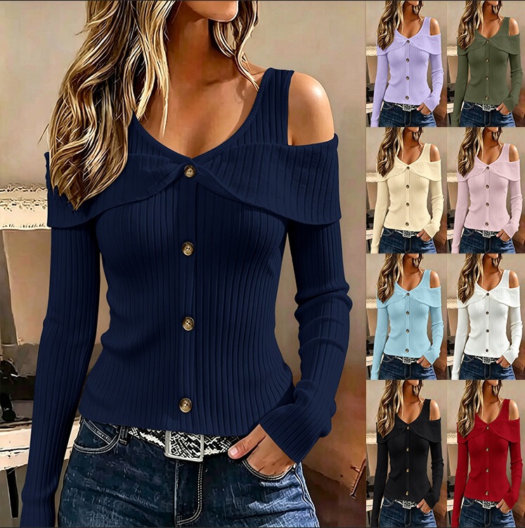 2026 Cross-Border European and American Autumn/Winter New Slim-Fit Solid Color Button Design Off-Shoulder Long-Sleeve Ribbed T-Shirt for Women 2026 Cross-Border European and American Autumn/Winter New Slim-Fit Solid Color Button Design Off-Shoulder Long-Sleeve Ribbed T-Shirt for Women