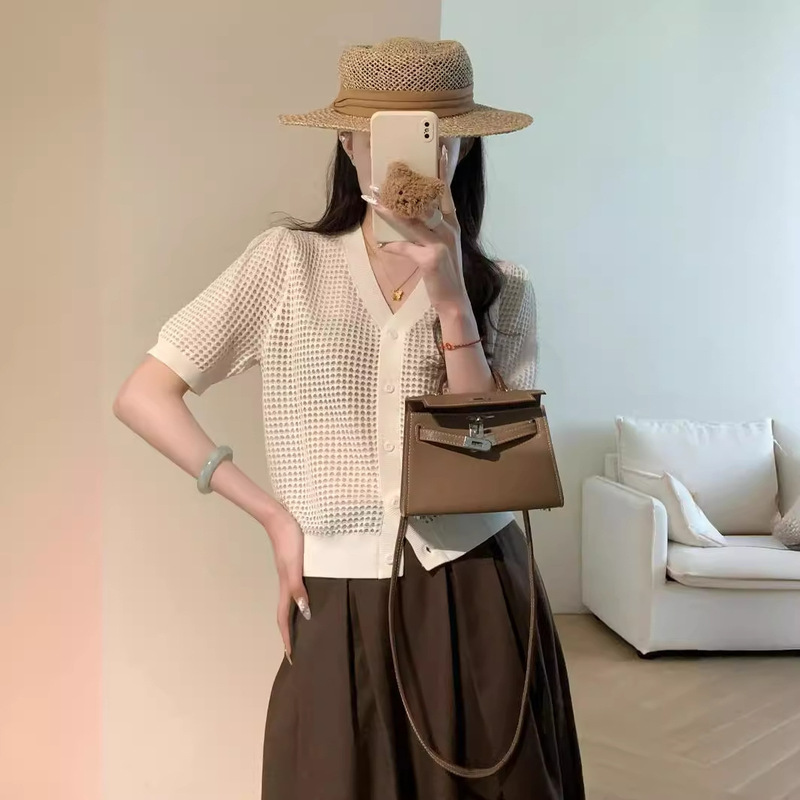 Summer Hollow-out Tencel Cardigan Short-sleeved Women's V-neck Trendy Micro-transparent Pure Style Mesh Jacquard Knit Thin Sweater