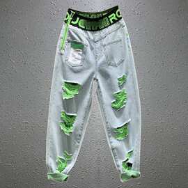 潮流女装新款松紧腰个性潮牌字母印花薄款牛仔裤女破洞哈伦九分裤