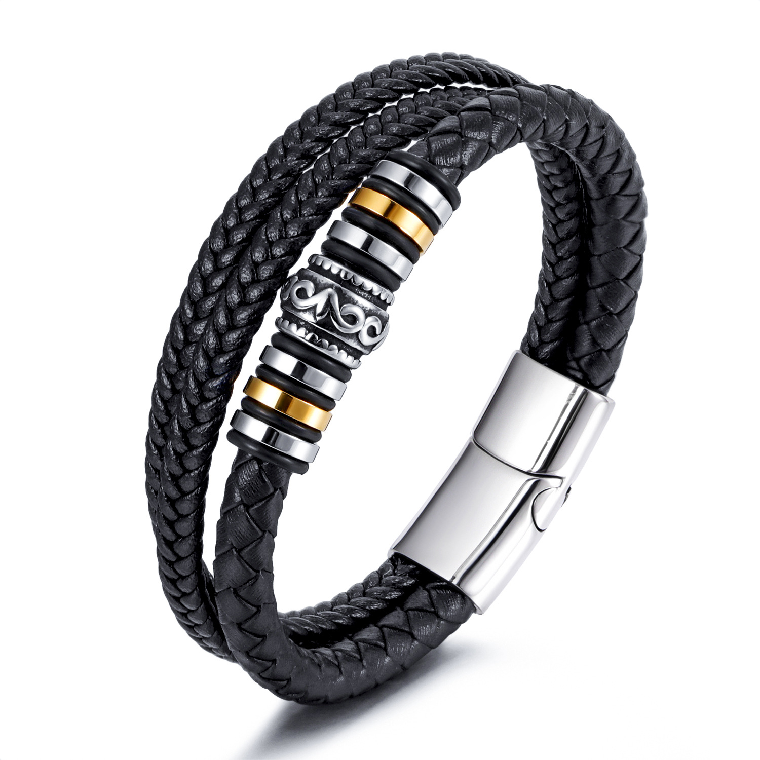Cross-border Foreign Trade Ethnic Style Jewelry Stainless Steel Bracelet Men's Multi-layer Braided Leather Rope Titanium Steel Magnetic Buckle Bracelet Wholesale