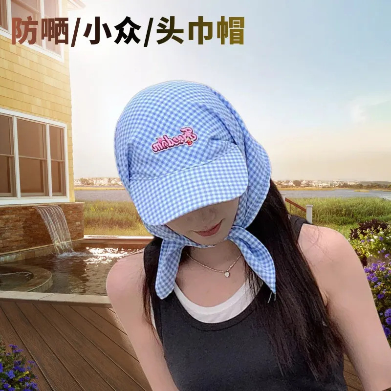 Cross-border Niche Design Fashion Anti-sunscreen Towel Hat Plaid Baotou Hair Summer Mountaineering Cycling Work Sunshade Hat