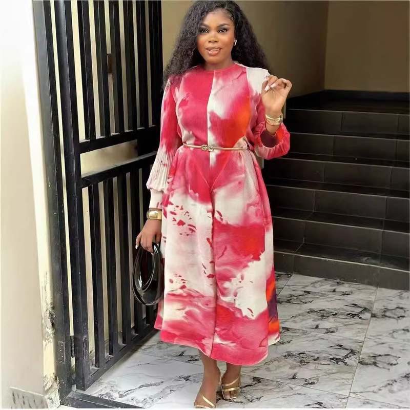 Miyaki Miyake Pleated Fashion Print Round Neck Long Sleeve plus size Waisted dress Women Dress Cross Border