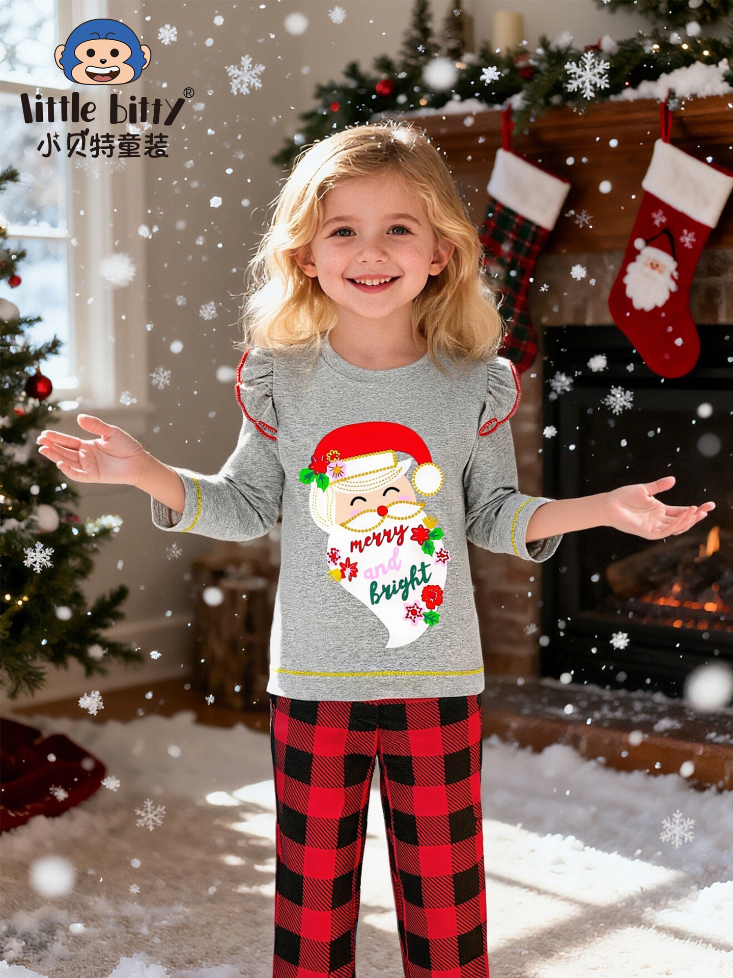 Cross-Border Autumn and Winter Christmas Children's Clothing Long-Sleeved Trousers Suit Cartoon Santa Claus Printed Round Neck Two-Piece Set Ready for Sale