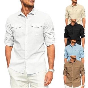 25 Summer New Cross-Border European and American Men's Shirts Double Flap Pocket Pants Cotton and Linen Long-Sleeved Shirts Casual Vacation Men's T-Shirts Men's Clothing