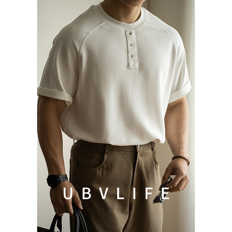 【Clearance/No Returns or Exchanges】Men's Raglan Sleeve T-Shirt with Terry Texture and Faux Placket for Business Commuting 【Clearance/No Returns or Exchanges】Men's Raglan Sleeve T-Shirt with Terry Texture and Faux Placket for Business Commuting