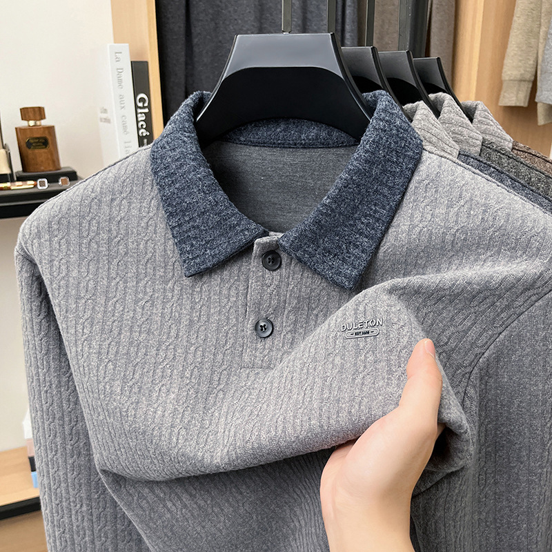 Cross-border men's long-sleeved polo shirt, new autumn/winter style, featuring a wool blend, a turn-down collar, and a casual knit design, suitable as a base layer or top Cross-border men's long-sleeved polo shirt, new autumn/winter style, featuring a wool blend, a turn-down collar, and a casual knit design, suitable as a base layer or top