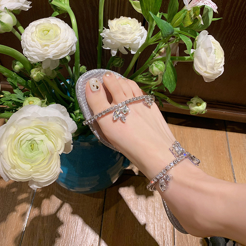 2025 Summer New Sexy Rhinestone Strap Open-Toe Flat Chunky Heel Fashion Stiletto Outdoor Sandals for Women