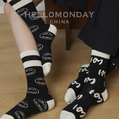 84276 Hello Monday Couple Socks Women's Mid-Calf Socks Spring and Summer Cotton Socks Letter Ins Trendy Black Boneless Socks