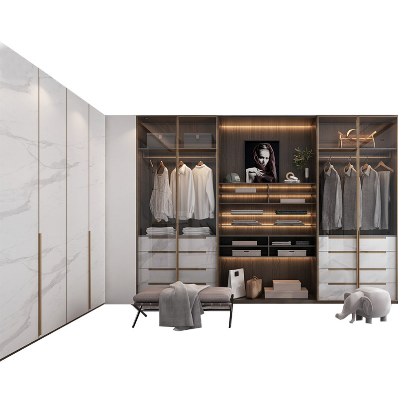 Foshan fábrica de muebles dormitorio lujo ligero puerta de vidrio armario armario armario combinación de dormitorio casero armario