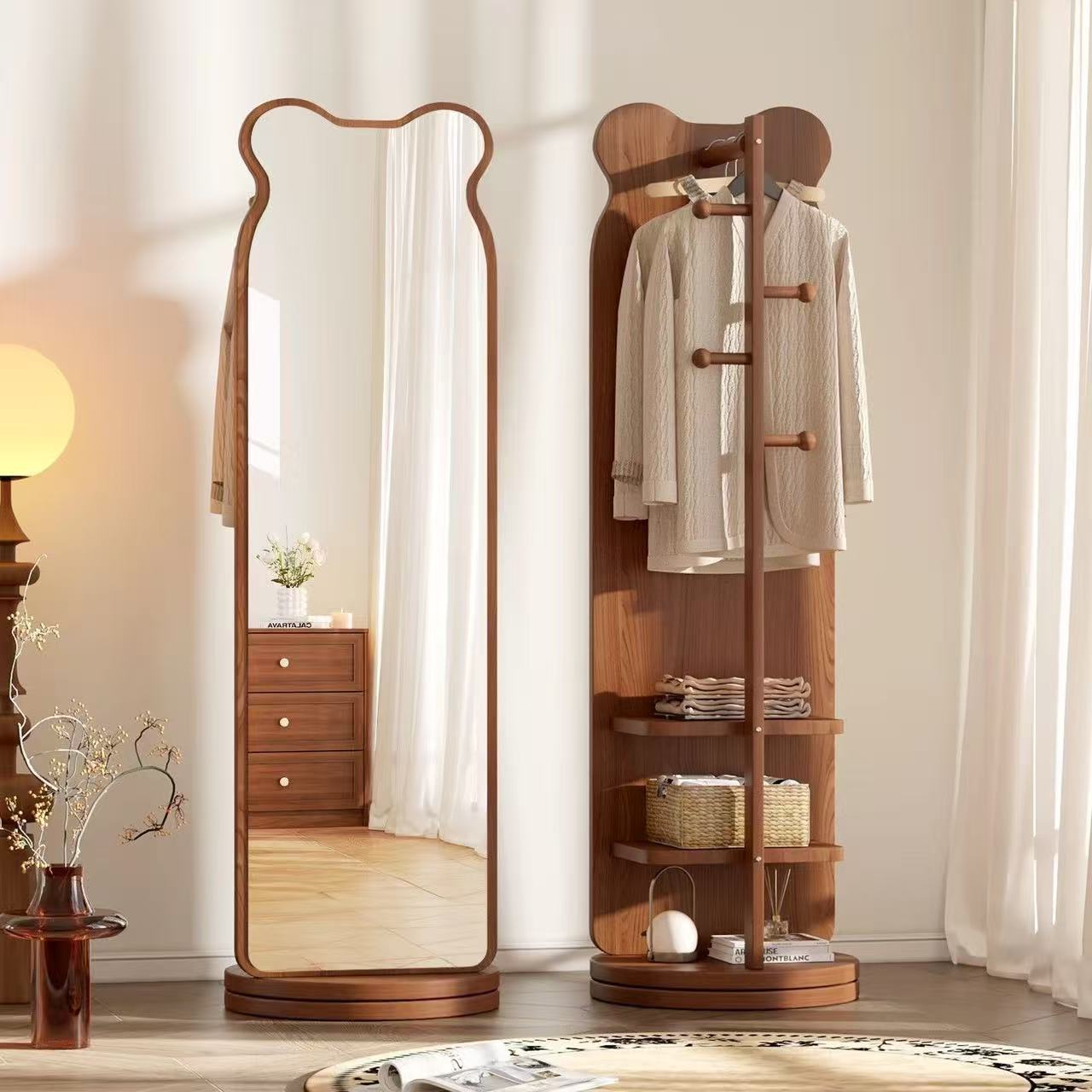New model of rotating home-use clothes rack with full-length mirror, integrated fitting mirror and makeup floor mirror