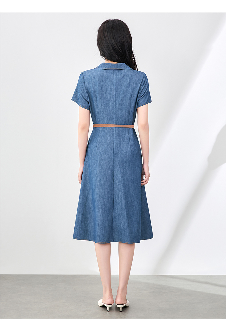 Váy liền denim sơ mi kiểu Pháp thắt eo thanh lịch — Màu xanh lam nhạt chi tiết 9