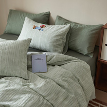 ins风色织大提花立体毛巾绣三四件套 全棉人字纹床单被套床笠床品