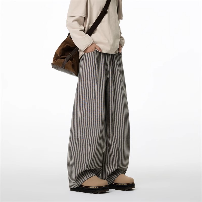 American Slack Vertical Striped Casual Pants Men's And Women's Spring Lazy Wind Drop Straight Pants Scimitar Wide Leg Floor Pants_viptrois.com