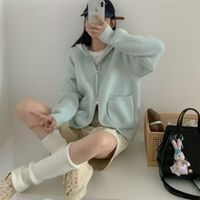 双口袋拉链时尚简约风连帽针织衫毛衣净版竖坑条宽松显瘦针织开衫