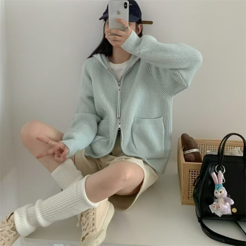 双口袋拉链时尚简约风连帽针织衫毛衣净版竖坑条宽松显瘦针织开衫