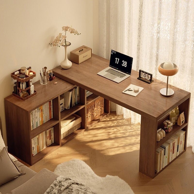 Solid wood corner desk with integrated bookcase, table for bedroom, home use, student dressing table, L-shaped corner computer desk for office