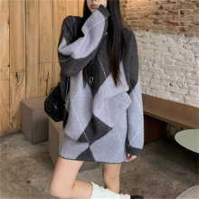 设计感撞色洋气菱形格毛衣套装女秋冬慵懒风针织衫上衣短裙两件套