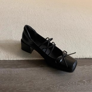 Sheepskin Version ~ Retro Bow Square Toe Ballet Shoes Cross Belt Thick Heel Mary Jane Shoes Commuter Shoe