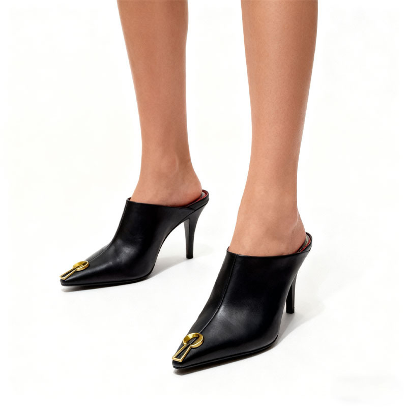 Gold Toe High Heels Sandals Metal Accessible Luxury High Quality Genuine Leather Cross-Border Pointed Toe High Heel Slippers New Style 2025