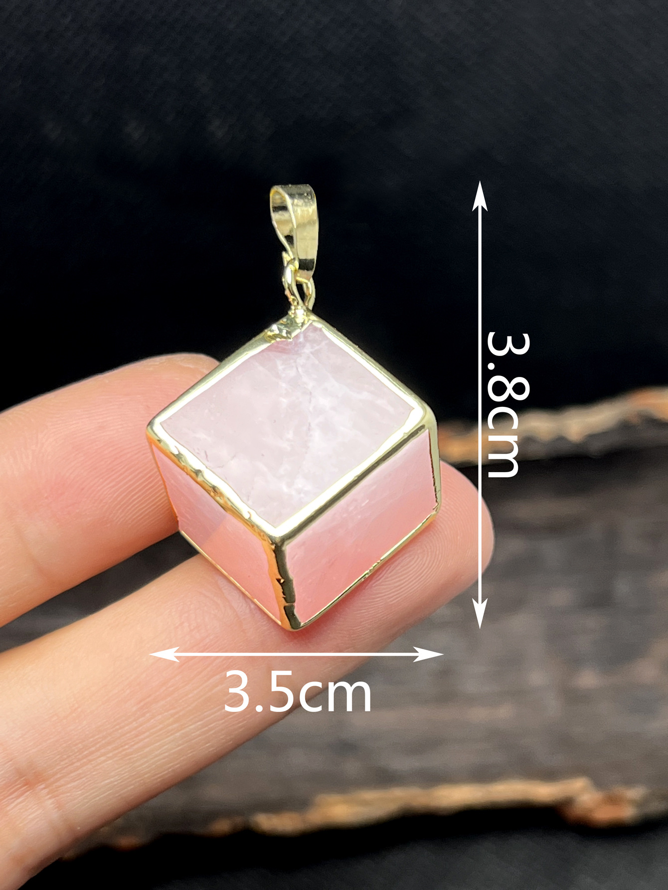 Pink Crystal Square Pendant Necklace Raw Stone Gold Edge Style_voghion.com