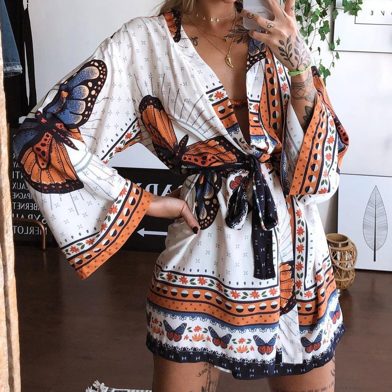 Women Printed Long-Sleeved Waist Women Dress