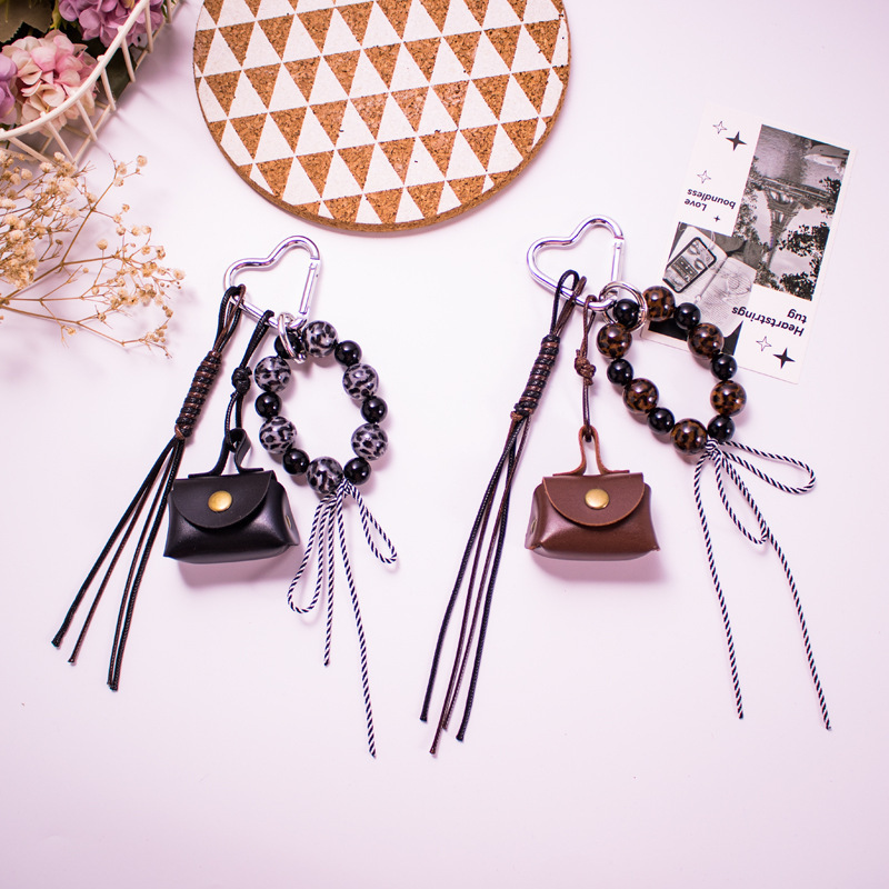 miu 小さくてかわいいレザー小銭入れキーホルダーペンダントヒョウ柄ビーズリボンバッグペンダント|undefined