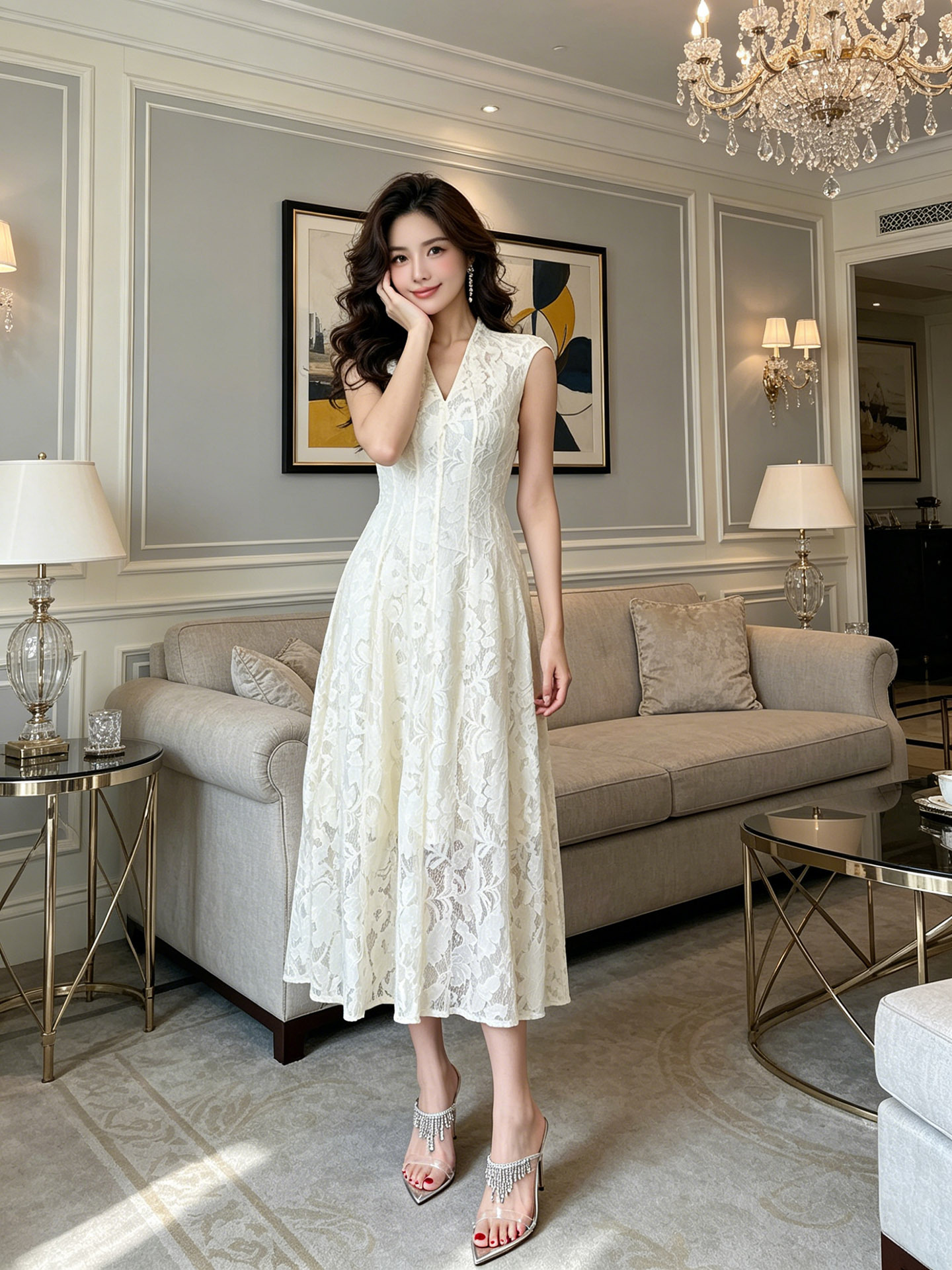 Đầm maxi ren không tay cổ chữ V thắt eo phong cách Pháp — màu mơ