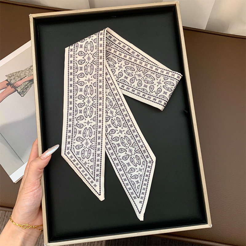 Pañuelo de seda largo, sensación de alta calidad, serie de flores de anacardo retro, pañuelo pequeño estilo ins de doble cara, bolso atado, cinta para el cabello