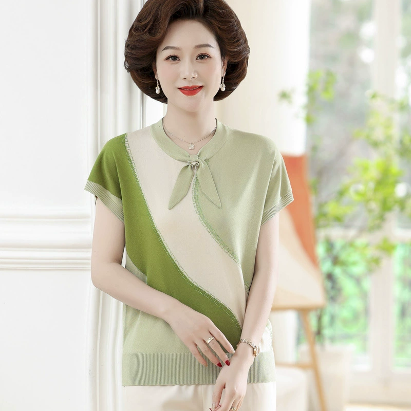 День матери мама летняя рубашка с короткими рукавами из ледяного шелка иностранная 2024 летняя новая мода для женщин среднего и пожилого возраста тонкая футболка