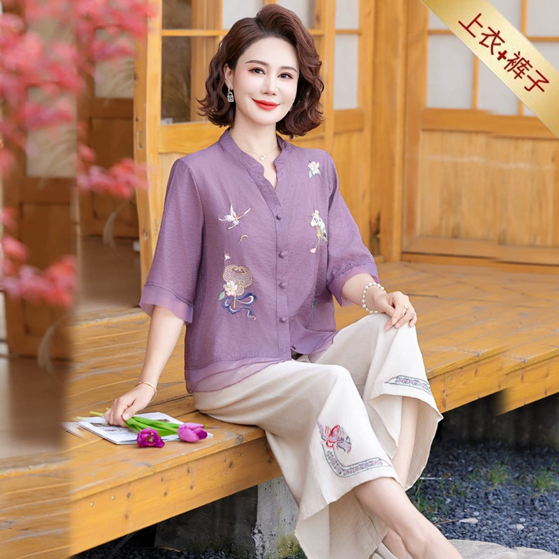 Подарок ко Дню Матери Летняя рубашка с короткими рукавами 50-летняя женщина среднего и пожилого возраста хлопчатобумажная футболка большого размера