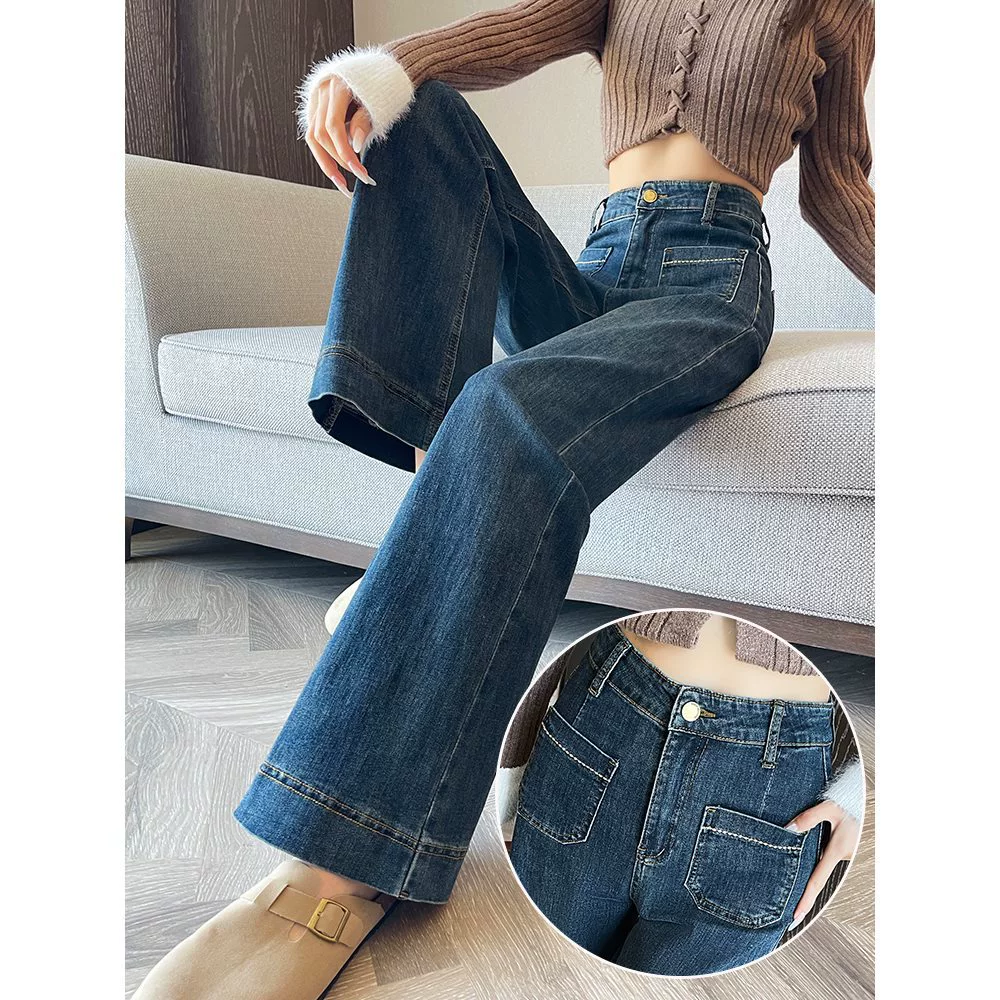 Американские синие узкие широкие джинсы для женщин, лето 2025, тонкая вышивка, свободные брюки в пол