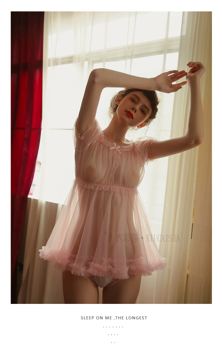 Sheer Mesh Babydoll Nightdress with Matching Panty, Pink One Size — detail image 39