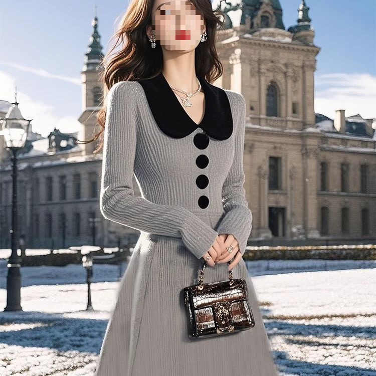 法式复古修腰翻领针织连衣裙2025新款女秋冬名媛小洋装毛衣裙