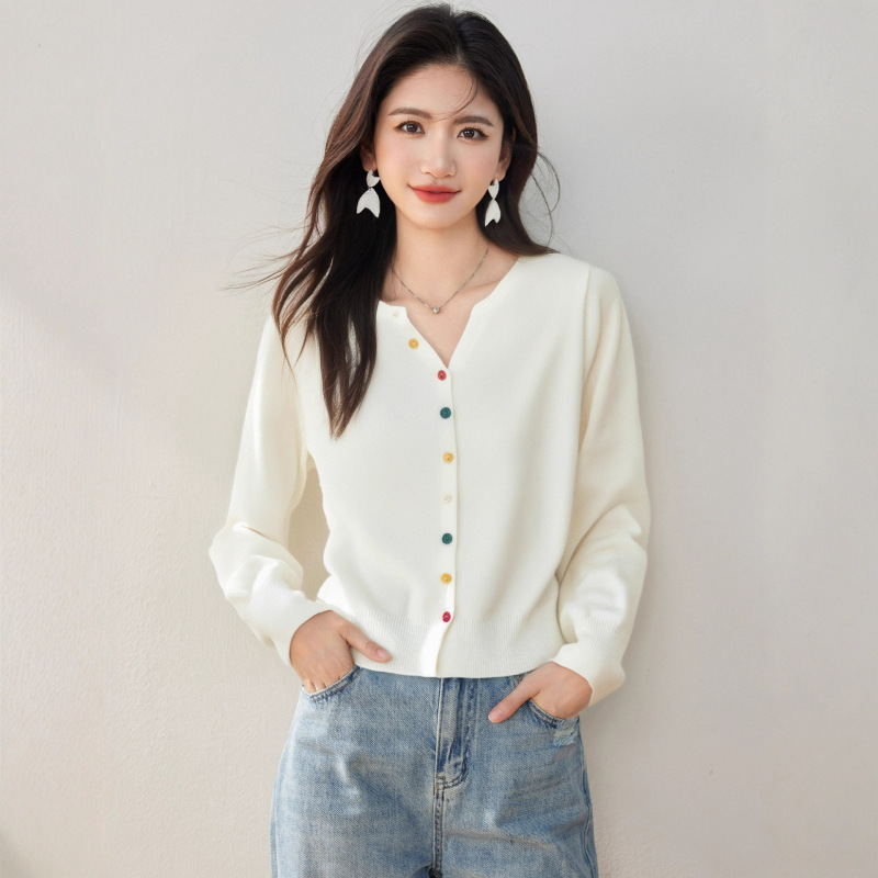 韩系v领开衫毛衣女2025秋季新款设计感彩色纽扣小个子短款针织衫|undefined