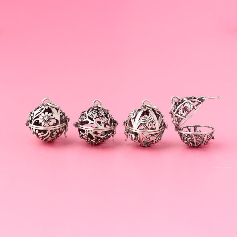 Plum orchid bamboo chrysanthemum sterling silver sachet ball pendant hollow ball necklace can be opened to put things S925 silver retro women