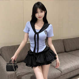 网红性感海军领拼色修身显瘦套头T恤上衣+蓬蓬半身裙JK制服两件套
