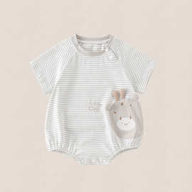 男童婴幼童夏装三角爬服短袖哈衣2026新款男宝宝卡通薄款包屁衣棉
