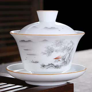 盖碗茶盖碗单个茶杯三才茶碗手绘陶瓷白瓷青花手抓壶泡茶大小号