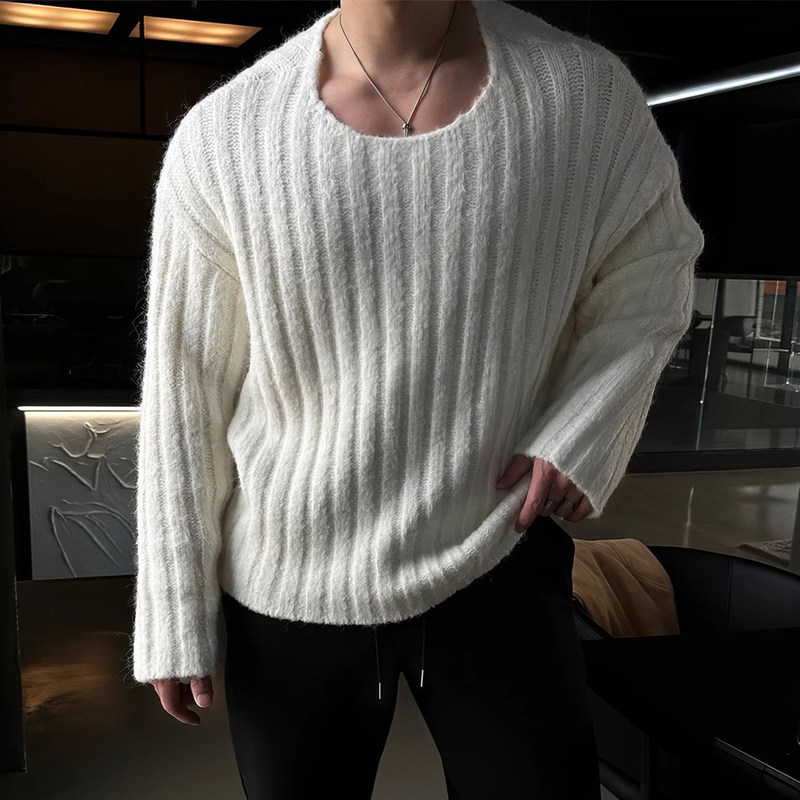 Casual Loose-Fit Anti-Stripe Men's Sweater for Spring and Autumn, Alpaca-Like Wool, Round Neck Pullover Knitwear, Thickened and Warm