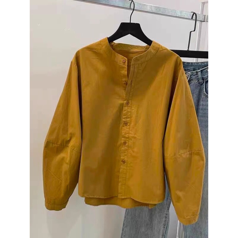 High-grade Round Neck White Shirt Women's Loose Korean Style Casual Lantern Sleeve Stacked Slim-fit Pure Cotton Shirt A3473