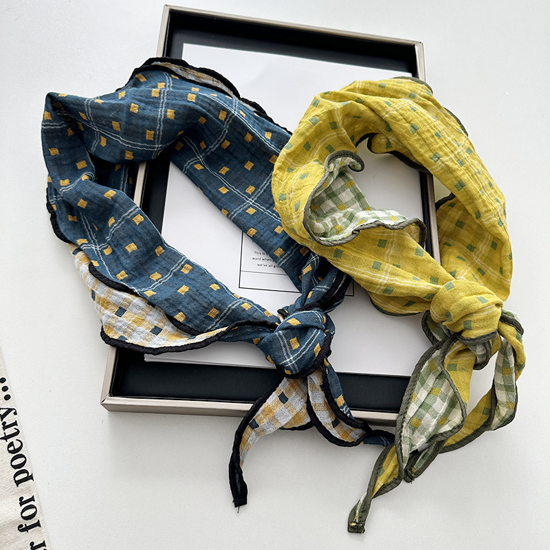 Cotton Double-Sided Plaid Diamond Scarf Women's Artistic Gentle Girl's Turban Scarf with Small Scarf Hair Belt Gentle Scarf Cotton Double-Sided Plaid Diamond Scarf Women's Artistic Gentle Girl's Turban Scarf with Small Scarf Hair Belt Gentle Scarf