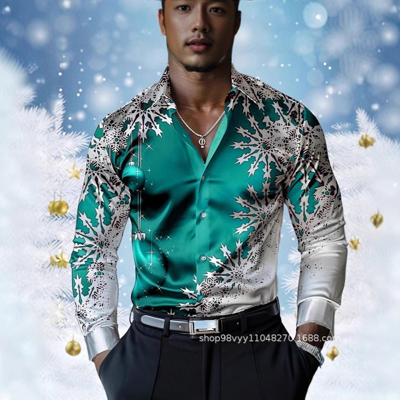 Cross-Border European and American Wish Shopee Men's Stand-Up Collar Long-Sleeved Shirt 3D Printed Christmas Cardigan Large Size Casual Top Cross-Border European and American Wish Shopee Men's Stand-Up Collar Long-Sleeved Shirt 3D Printed Christmas Cardigan Large Size Casual Top
