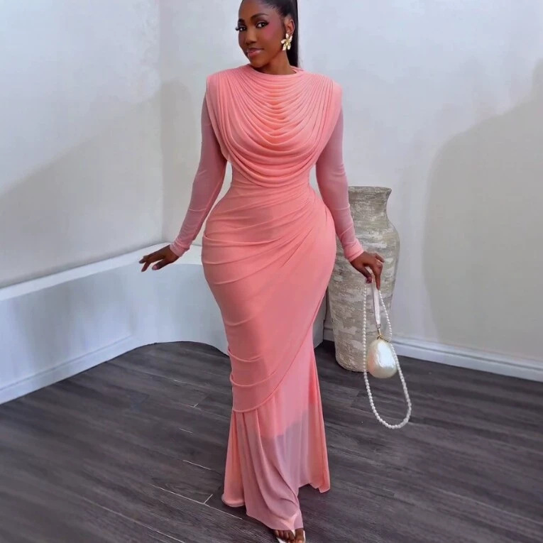 2026 Summer New European and American Cross-Border Women's Fashion Elegant Round Neck Long-Sleeved Slim-Fitting Fishtail Dress 2026 Summer New European and American Cross-Border Women's Fashion Elegant Round Neck Long-Sleeved Slim-Fitting Fishtail Dress